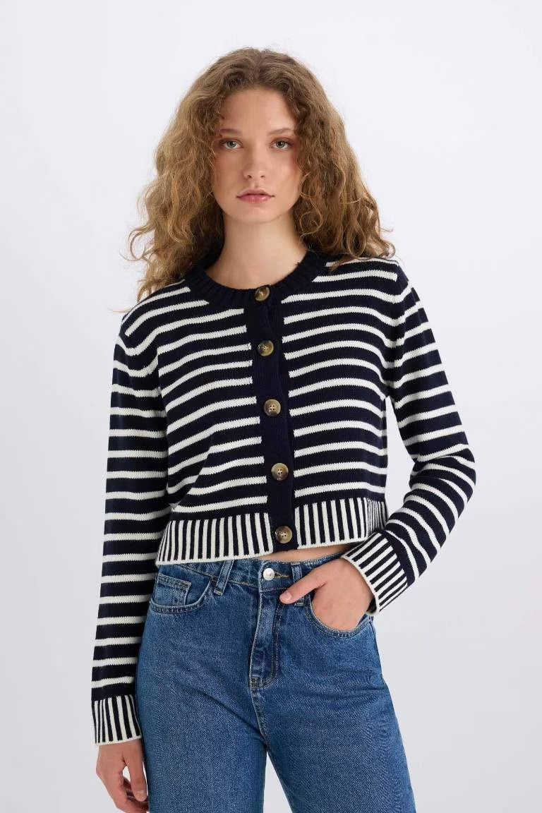 Regular Fit Striped Crew Neck Striped Knit Cardigan - - Navy