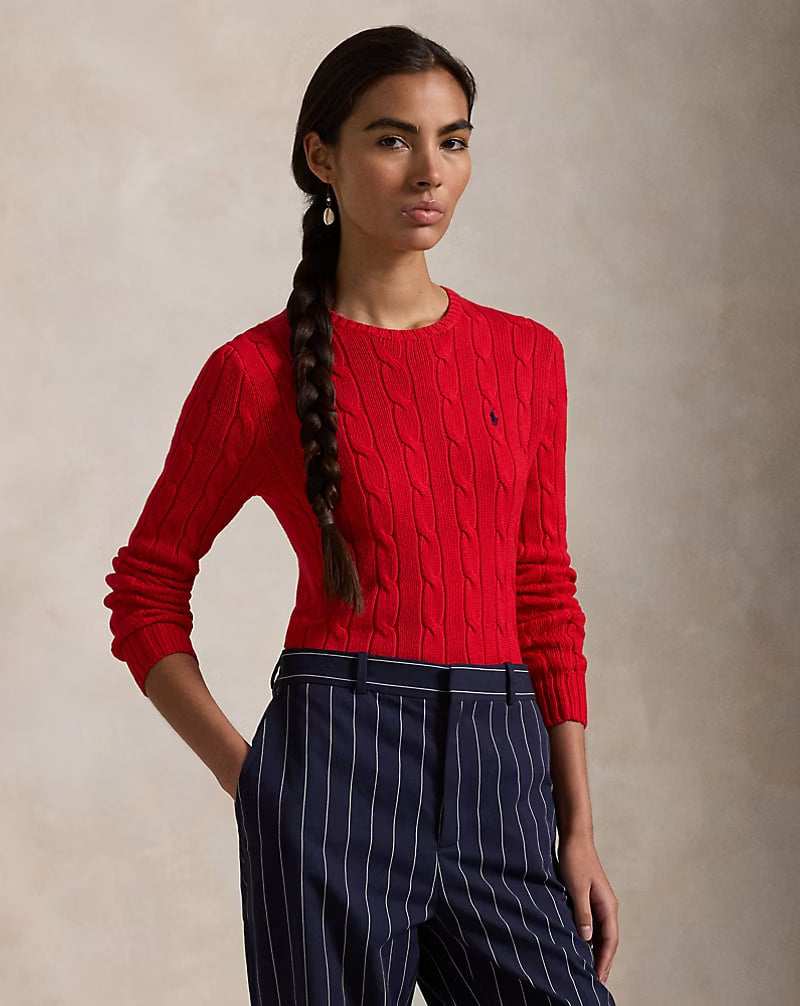 Cable-Knit Cotton Crewneck Sweater - - Red