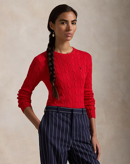 Cable-Knit Cotton Crewneck Sweater - - Red