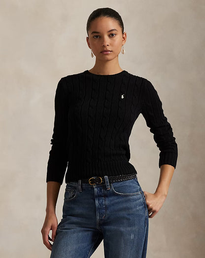 Cable-Knit Cotton Crewneck Sweater - - Black