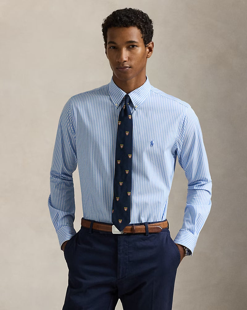 Striped Stretch Poplin Shirt - - Blue