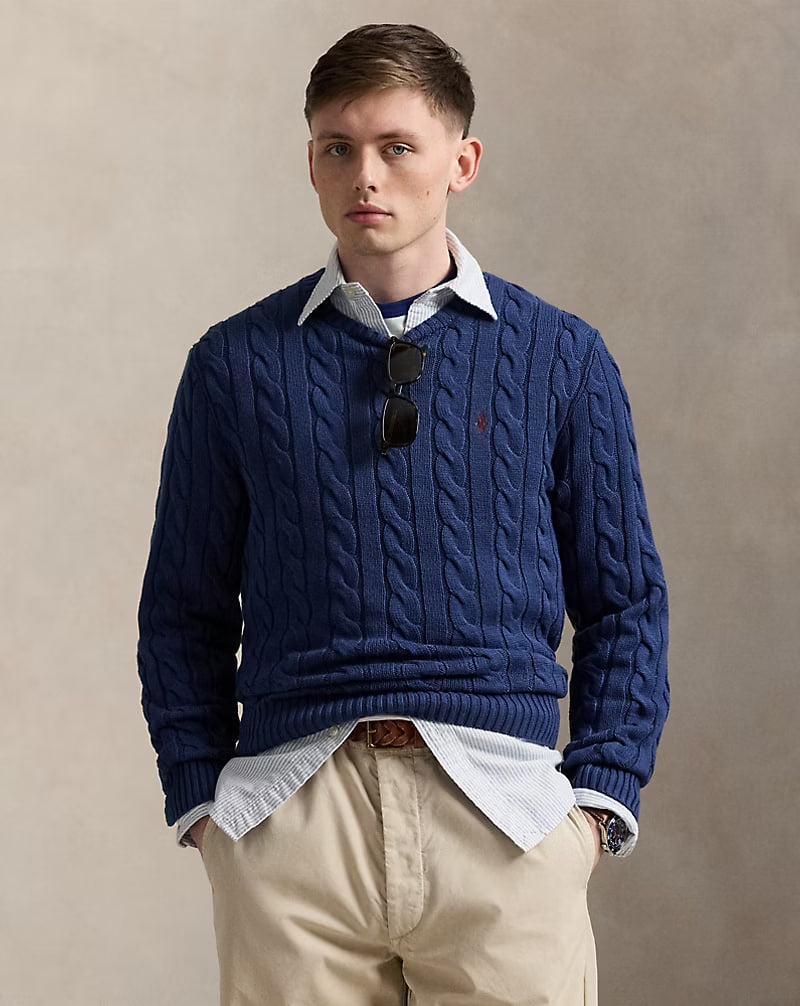 Cable-Knit Cotton Sweater - - Blue