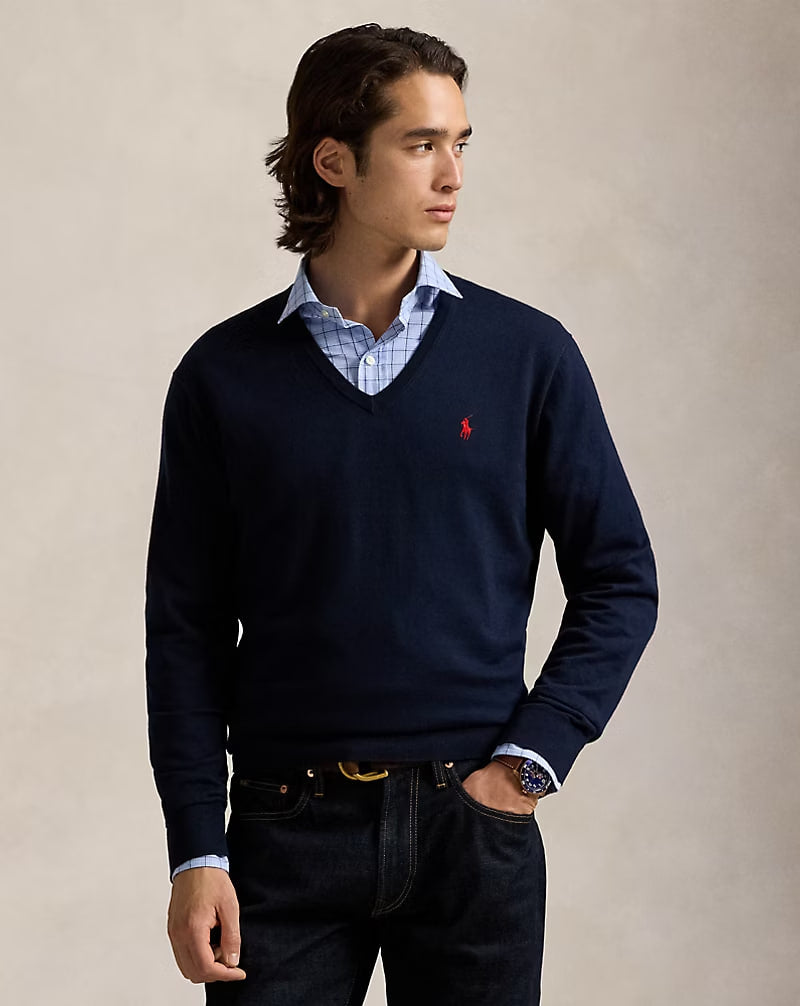 Cotton V-Neck Sweater - - Navy