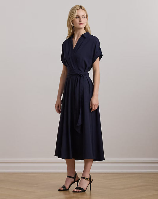 Belted Crepe Dress - - Navy