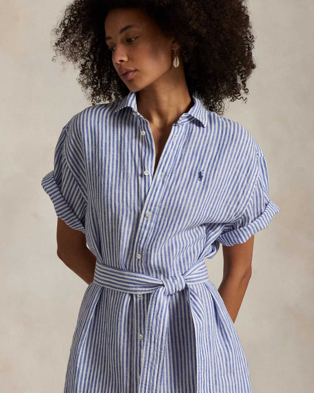 Striped Linen Short-Sleeve Shirtdress - - Striped
