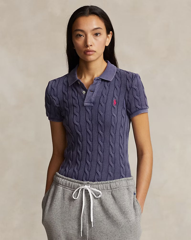 Cable-Knit Polo Shirt - - Navy