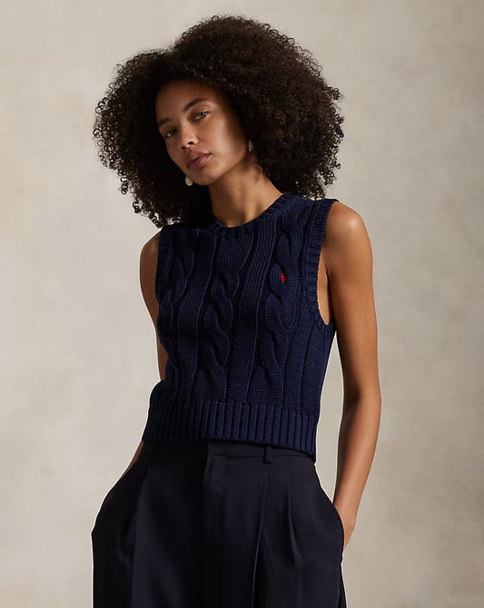 Cable-Knit Cotton Cropped Vest - - Navy