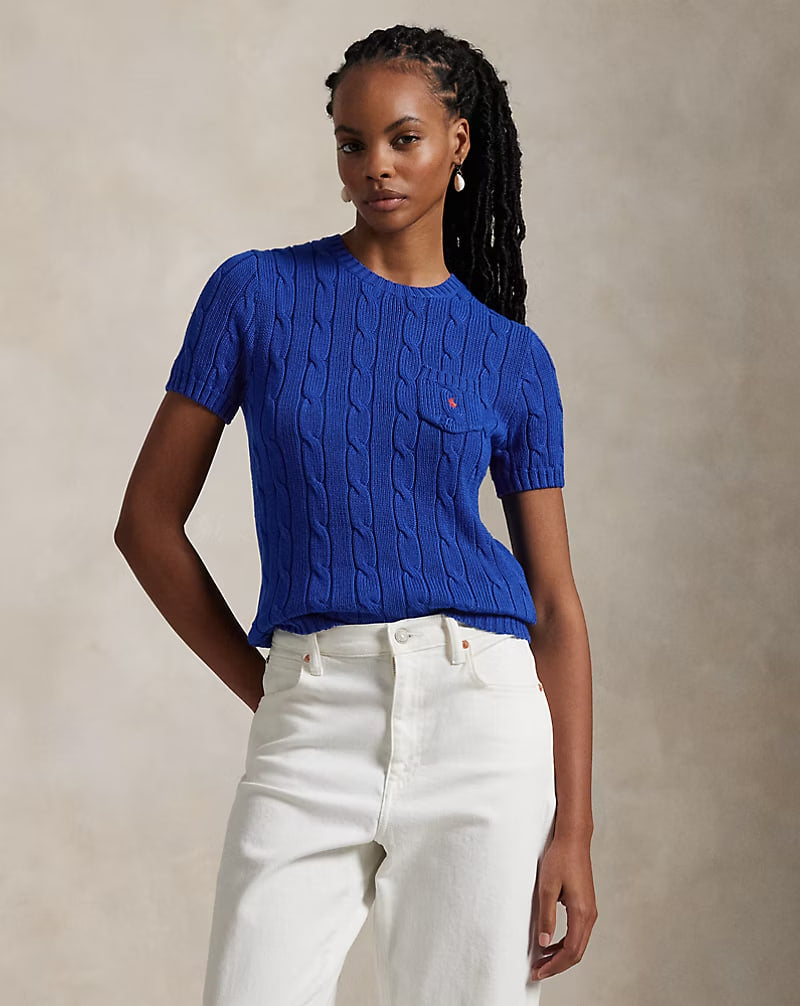 Cable-Knit Cotton Short-Sleeve Sweater - - Royal blue