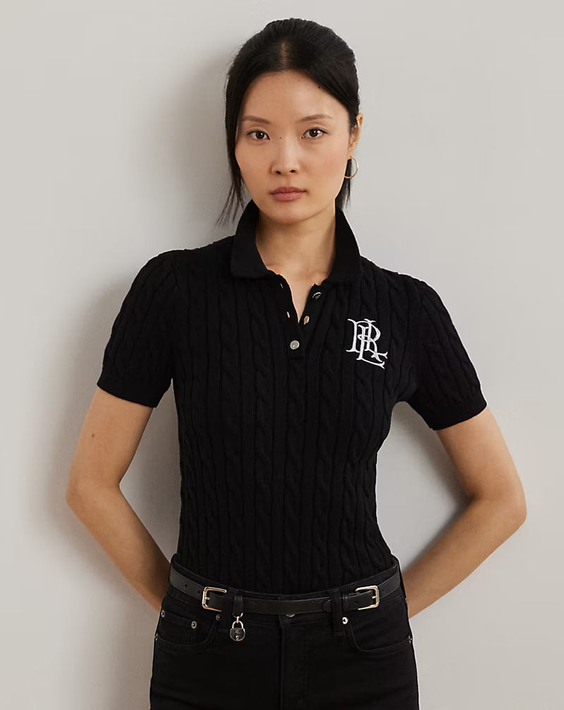 Cable-Knit Cotton Polo Sweater - - Black