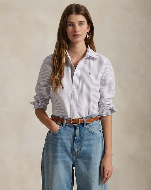 Stretch Slim Fit Striped Oxford Shirt - - Purple