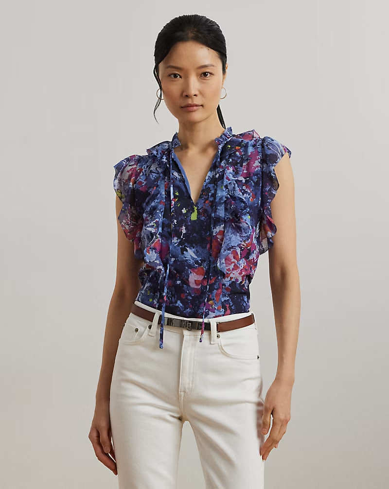 Print Ruffle-Trim Georgette Blouse - -