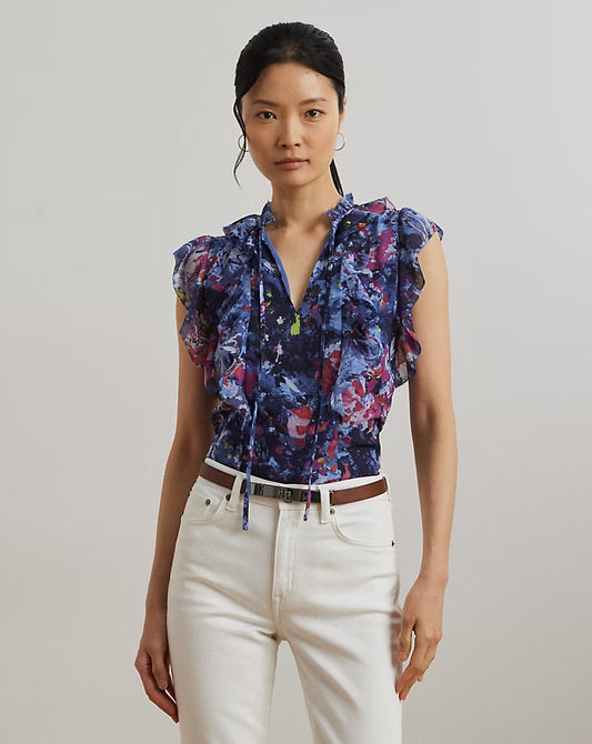 Print Ruffle-Trim Georgette Blouse - -