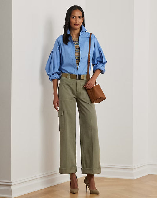 Pleated Cotton Twill Wide-Leg Cargo Pant - - Greenstone