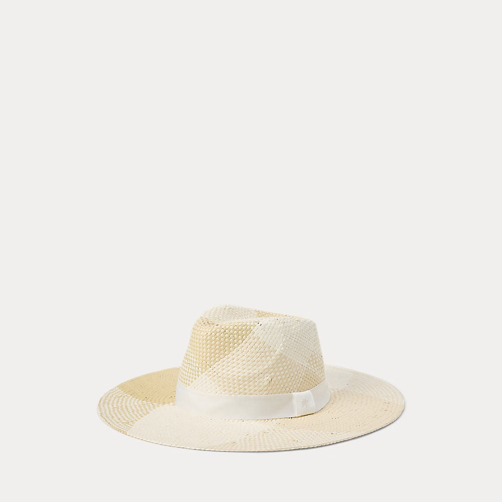 Plaid Woven Straw Fedora Sun Hat - - Beige