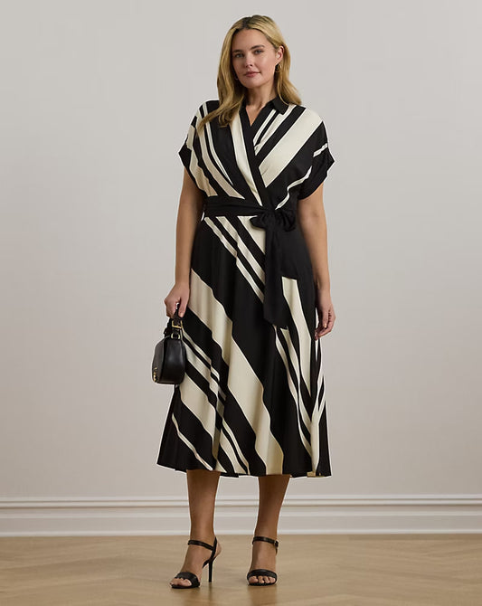 Striped Belted Crepe Dress - -