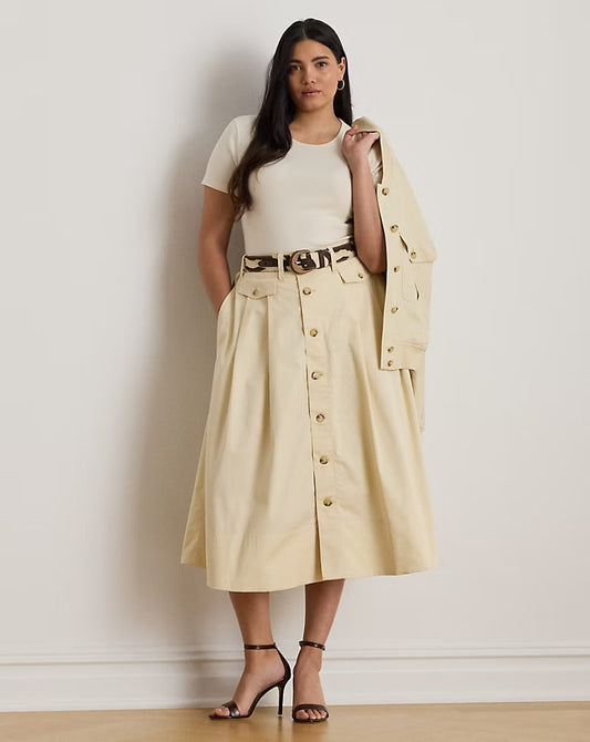 Button-Front Micro-Sanded Twill Skirt - -