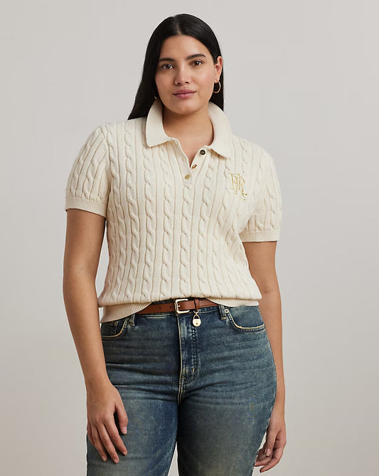 Cable-Knit Cotton Polo Sweater - - cream