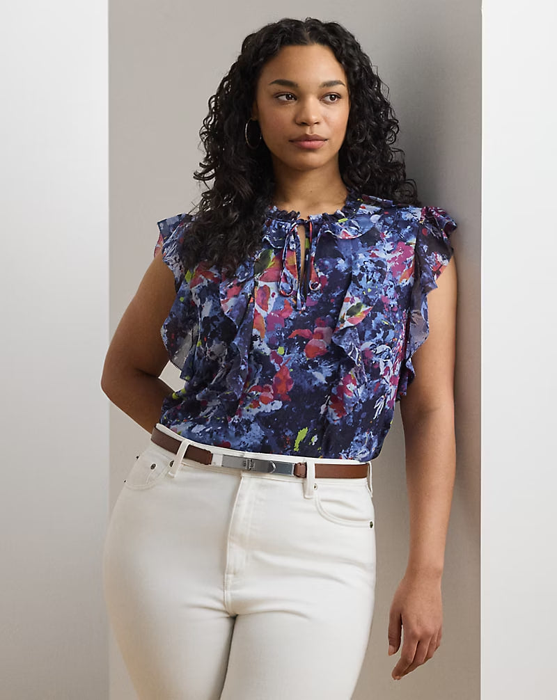 Print Ruffle-Trim Georgette Blouse - -