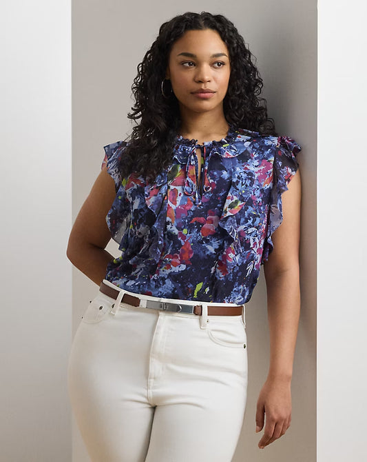 Print Ruffle-Trim Georgette Blouse - -