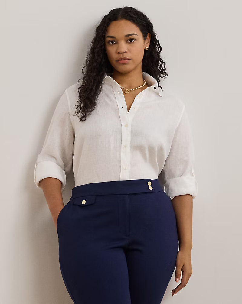 Relaxed Fit Linen Roll Tab–Sleeve Shirt - - White