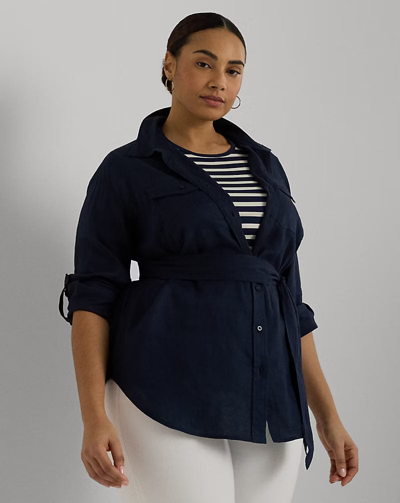 Relaxed Fit Belted Linen Shirt - - Navy