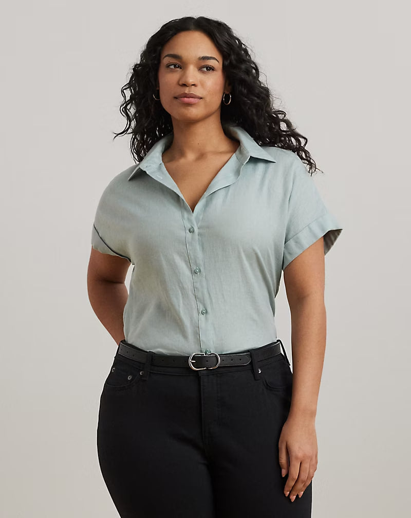 Relaxed Fit Linen Short-Sleeve Shirt - - aqua pearl