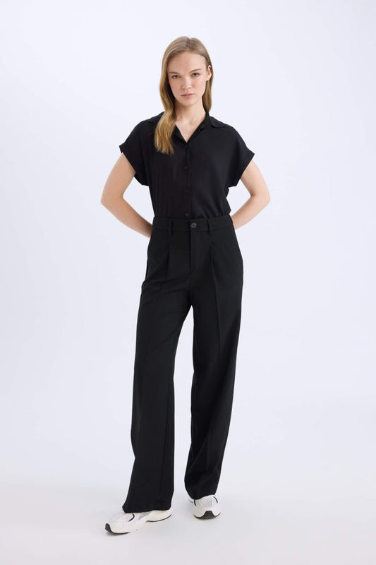 Basic Double Pocketed High Waist Wide Leg Classic Fabric Trousers - - Black