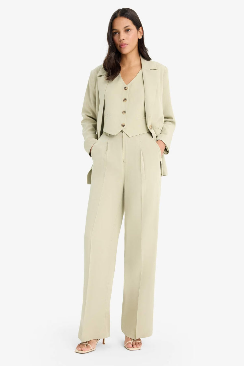Wide Leg High Waist Linen Blend Trousers - - Light Khaki