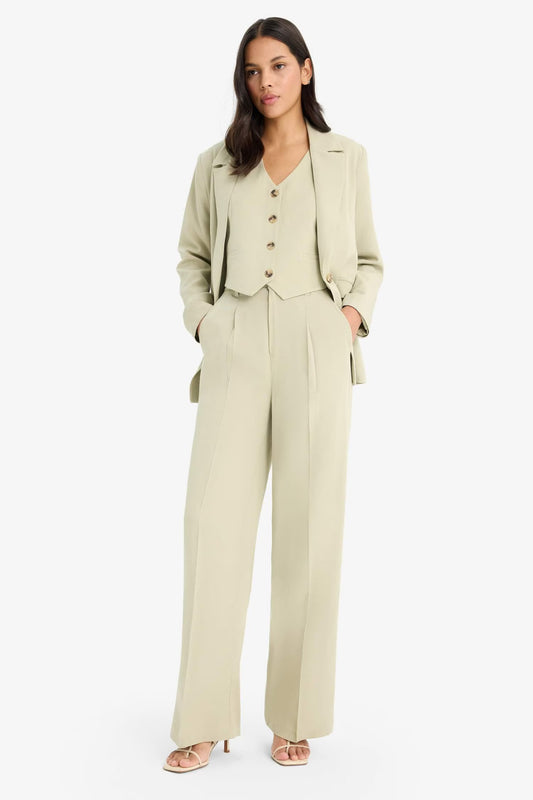 Wide Leg High Waist Linen Blend Trousers - - Light Khaki