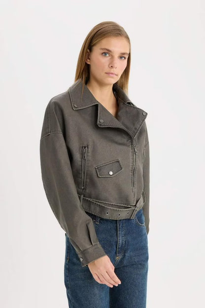 Zippered Closure Pocket Belted Waterproof Faux Leather Jacket - -