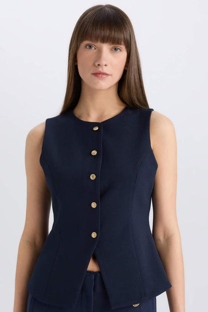 Regular Fit Crew Neck Buttoned Blazer Vest - -