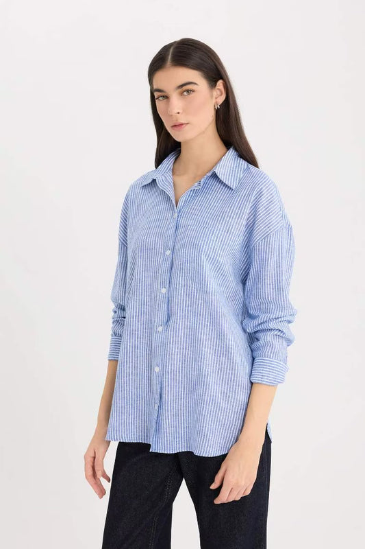 Oversize Fit Shirt Collar Linen Blend Long Sleeve Shirt - - Blue