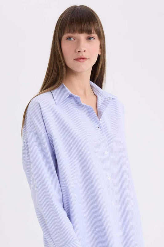 Oversize Fit Shirt Collar Oxford Striped Long Sleeve Shirt - - Blue