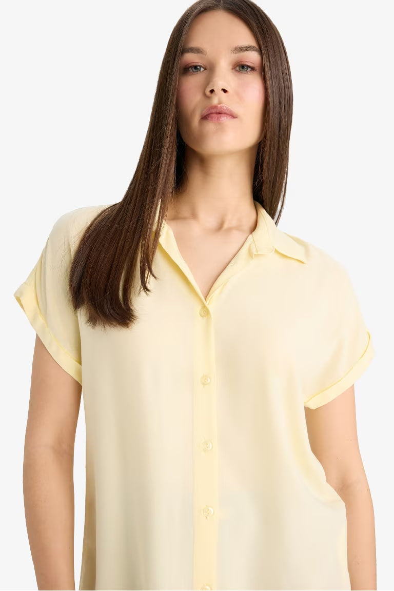 Regular Fit Shirt Collar Viscose Short Sleeve Shirt - - Yellow
