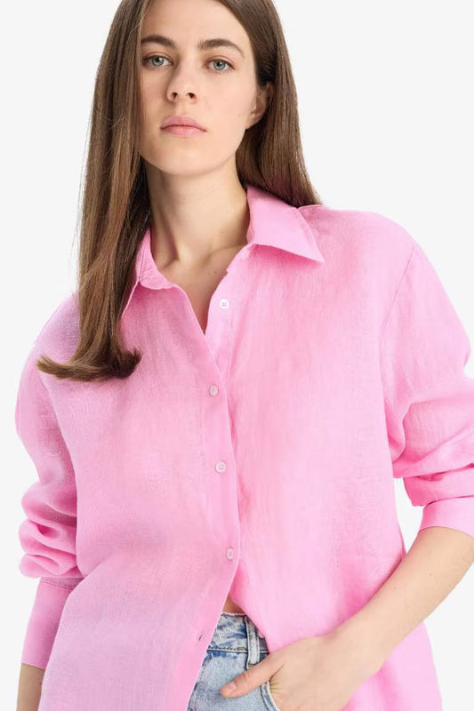 Oversize Fit Linen Long Sleeve White Shirt - - Laguna Pink