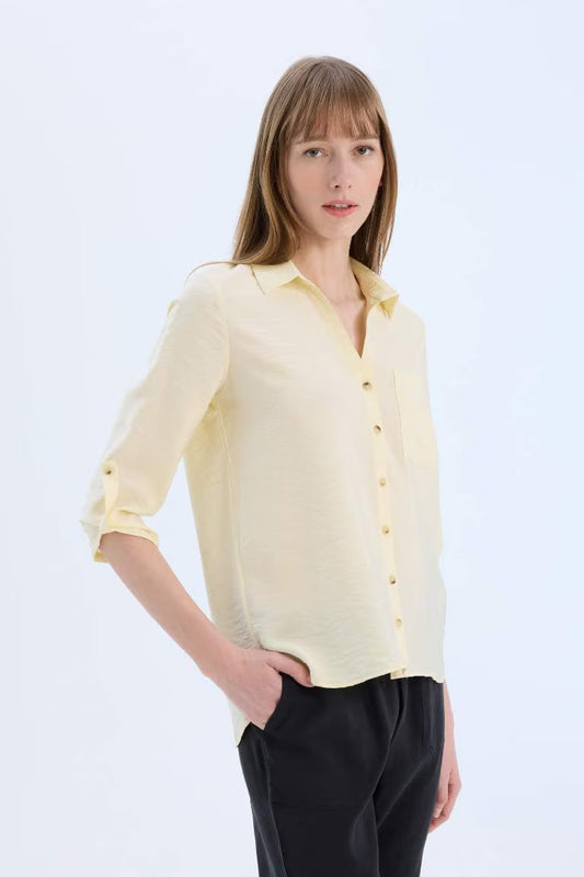 Regular Fit Shirt Collar Long Sleeve Shirt - - Yellow