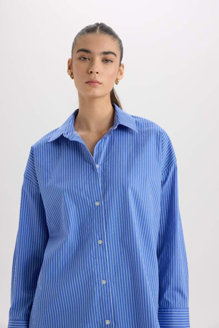 Oversize Fit Shirt Collar Poplin Long Sleeve Shirt - - Blue