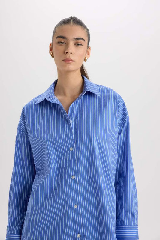 Oversize Fit Shirt Collar Poplin Long Sleeve Shirt - - Blue