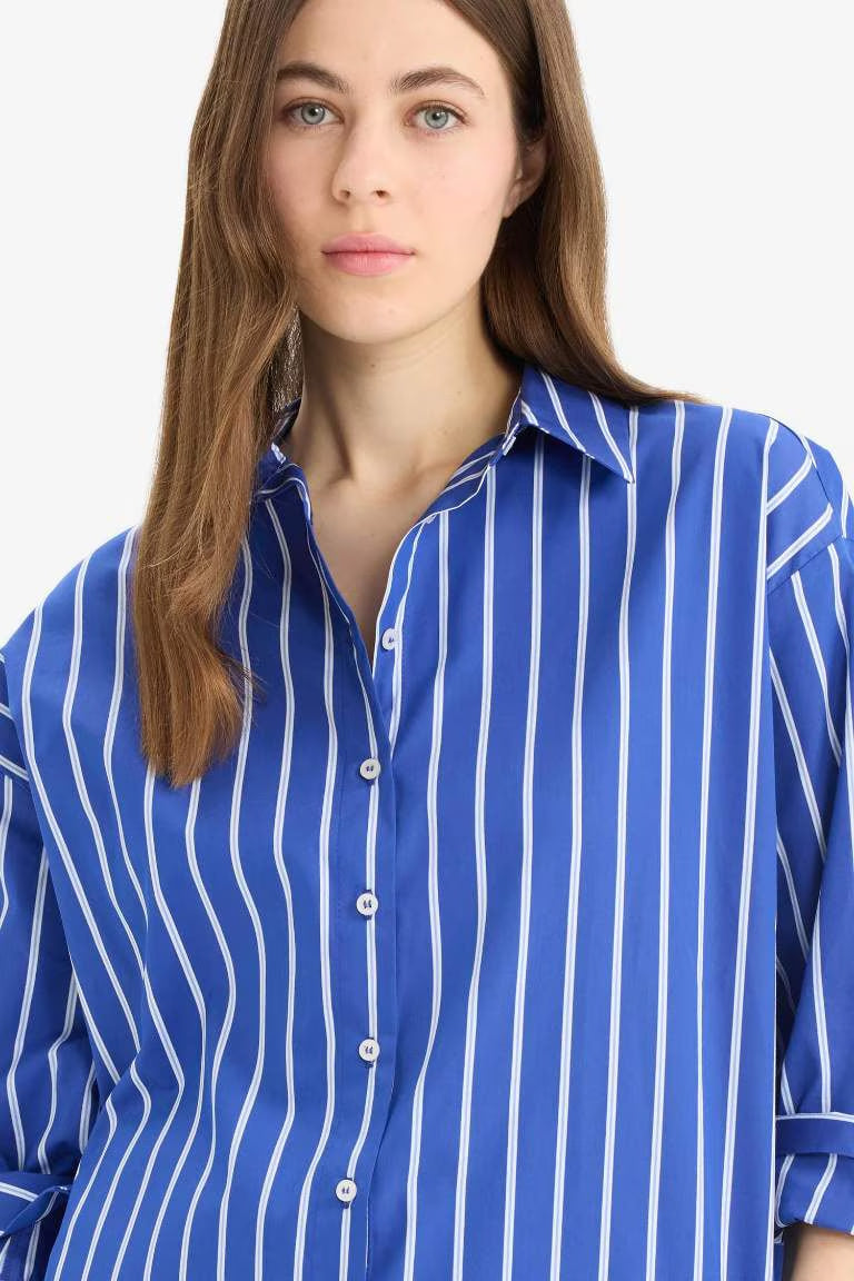 Oversize Fit Shirt Collar Poplin Printed Long Sleeve Shirt - - Striped
