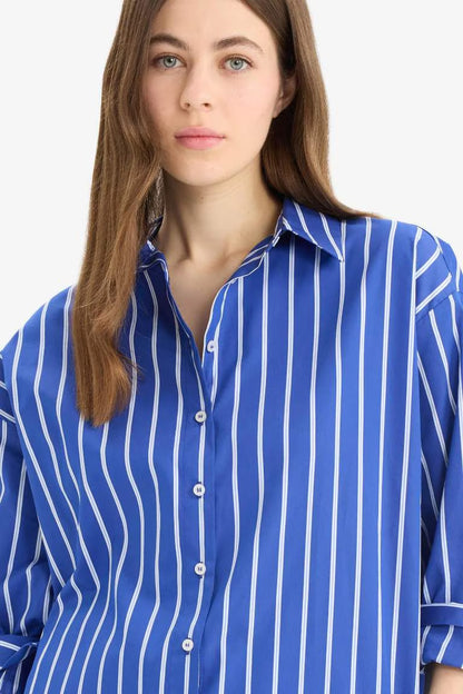 Oversize Fit Shirt Collar Poplin Printed Long Sleeve Shirt - - Striped