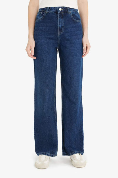 90's Wide Leg High Waist Long Washed Jeans - -