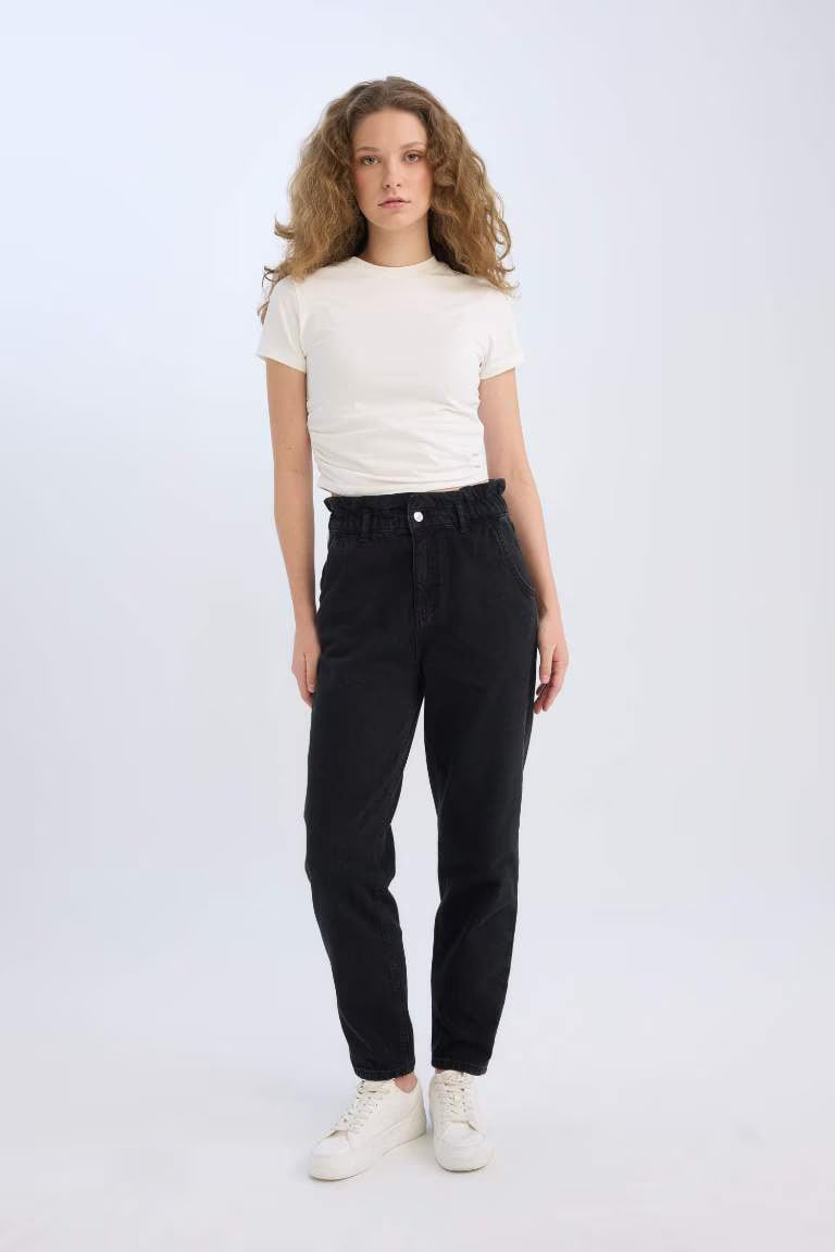 Paperbag Elastic Waist Ankle Length Jeans - -
