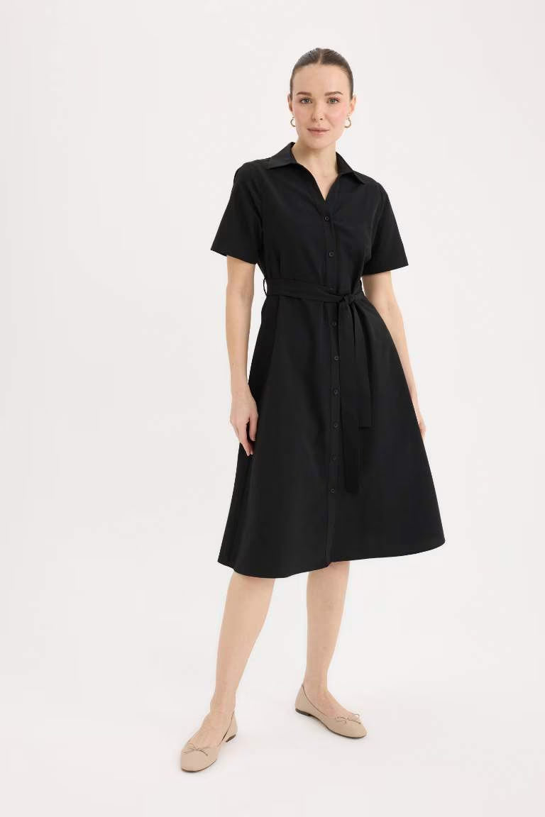A Cut Shirt Collar Poplin Short Sleeve Midi Dress - - Black
