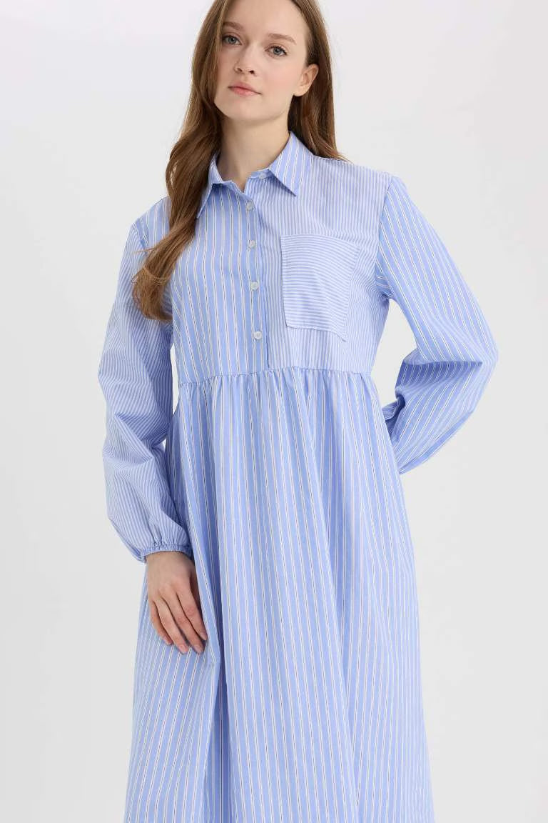 Relax Fit Shirt Collar Patterned Poplin Long Sleeve Maxi Dress - - sky