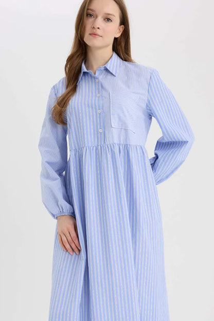 Relax Fit Shirt Collar Patterned Poplin Long Sleeve Maxi Dress - - sky