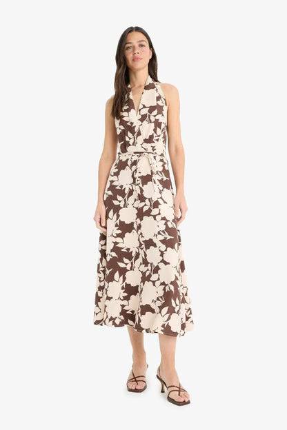 Linen Blend Halter Neck Floral Patterned Maxi Dress - -