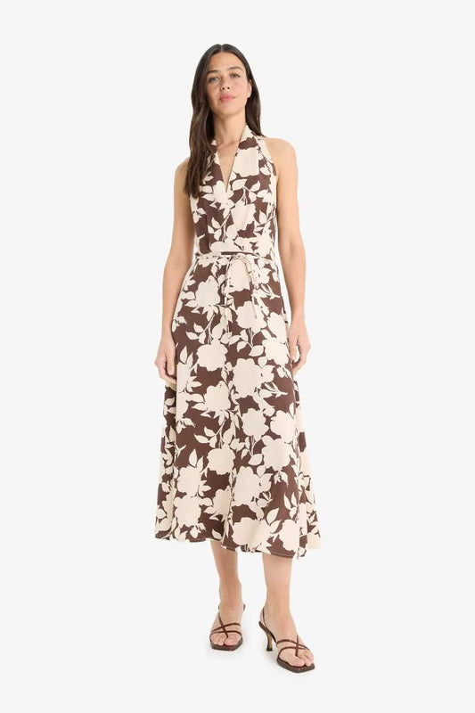 Linen Blend Halter Neck Floral Patterned Maxi Dress - -