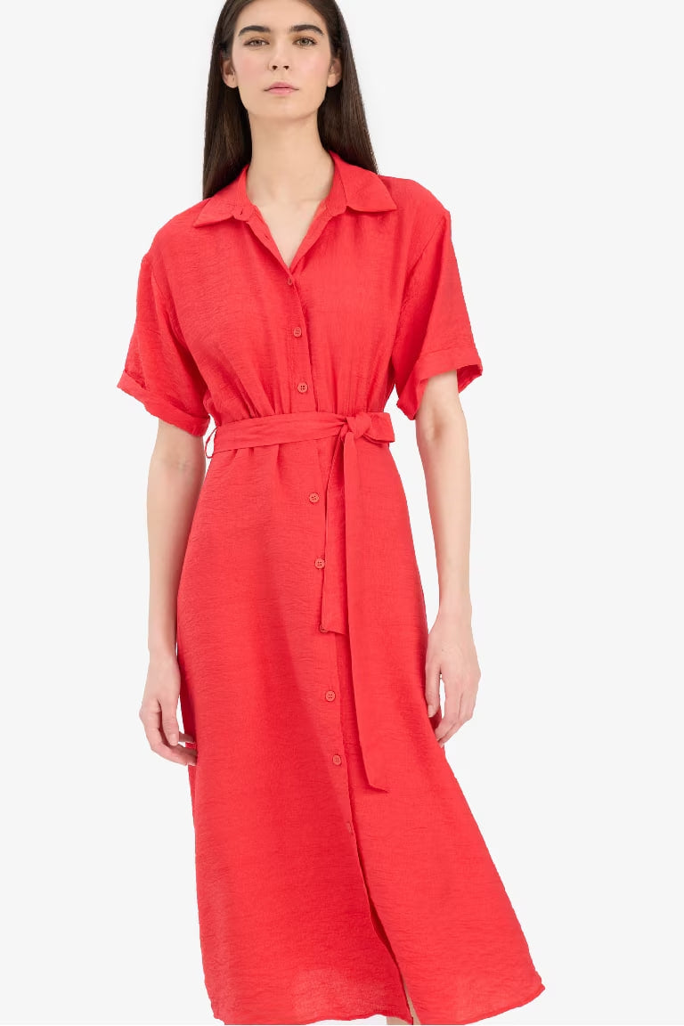 Shirt Collar Belted Short Sleeve Red Midi Dress - - Red