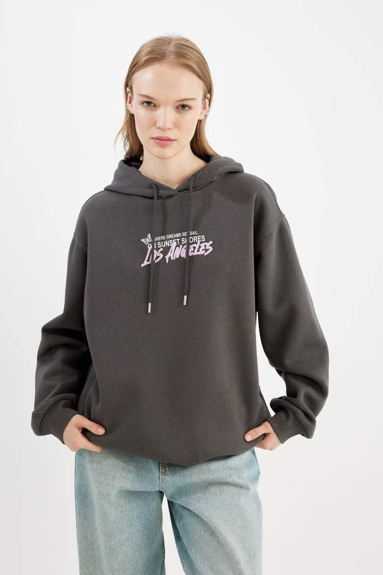 Oversize Fit Hooded Printed Thick Sweatshirt - -