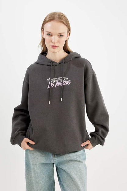 Oversize Fit Hooded Printed Thick Sweatshirt - -